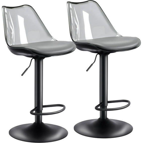 Clear Bar Stools Set of 2, Counter Height Adjustable Swivel Acrylic Bar Stools with PU Leather Upholstered, Armless Bar Stools for Kitchen Island - Grey/Black