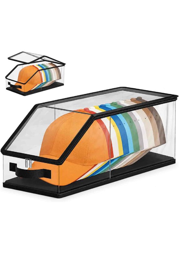 Clear Baseball Cap Storage Organizer – Stackable Transparent Hat Display Case with Zipper Closure 1PCS– Space-Saving Protective Unit for Baseball Caps & Accessories Black Trim