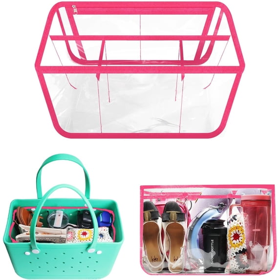 Clear Beach Bag Organizer, Accessories for Bogg Bag Waterproof Insert Divider Pouch PVC Storage Bag, Suitable for BOGG BAG Organizing Your Bag and Divide Space, Transparent & Pink (X-Large)