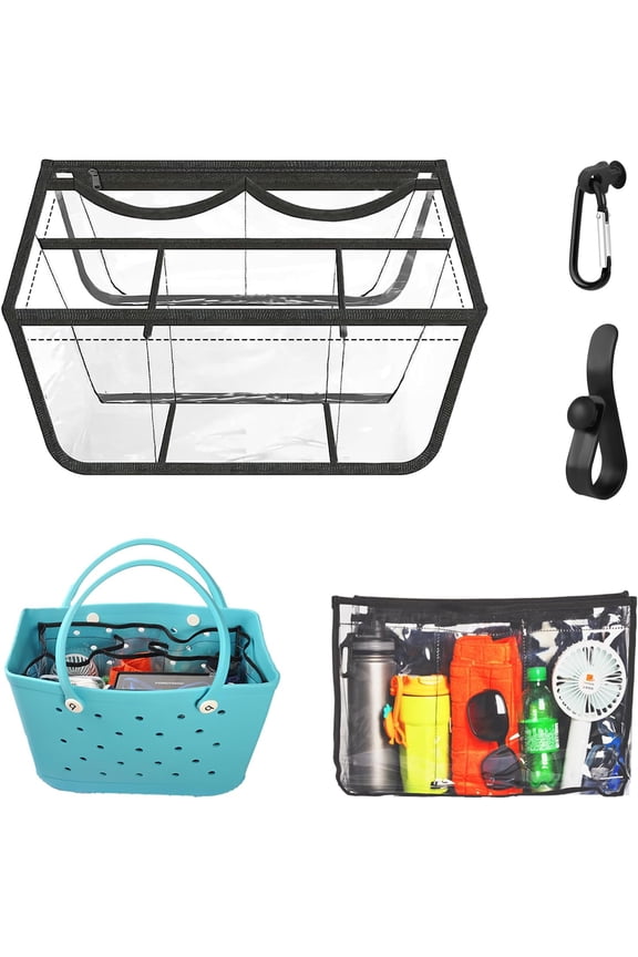 Clear Beach Bag Organizer Compatible with Bogg Bag X Large Size, PVC Insert Divider Liner for XL Bogg Bag Accessories (Clear-Black)