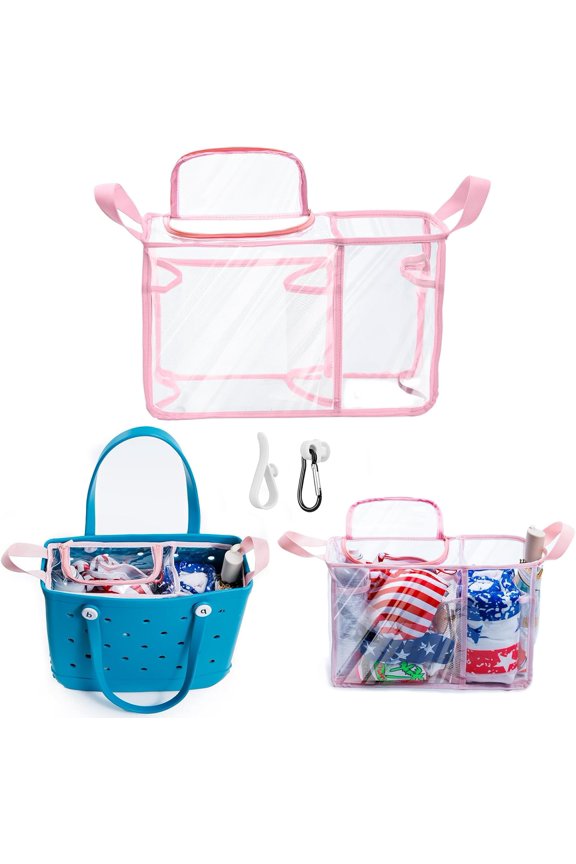 Clear Beach Bag Organizer Insert with Zipper Closure Lid and 3 count Accessories Compatible with Medium- Tote Insert Bag Divider with Sunglasses Holder, Clips Hooks