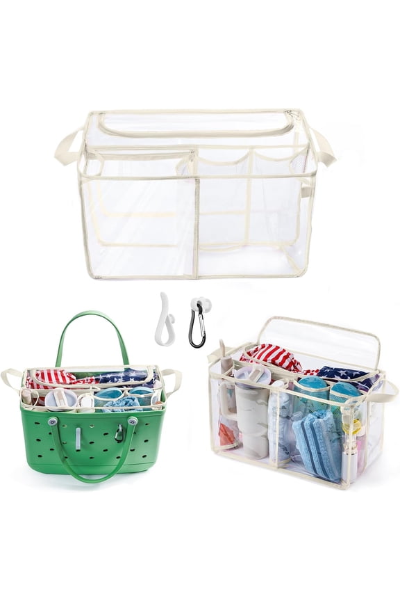 Clear Beach Bag Organizer Insert with Zipper Closure Lid and 3 count Accessories for XL - Tote Insert Bag Divider with Sunglasses Holder, Clips Hooks