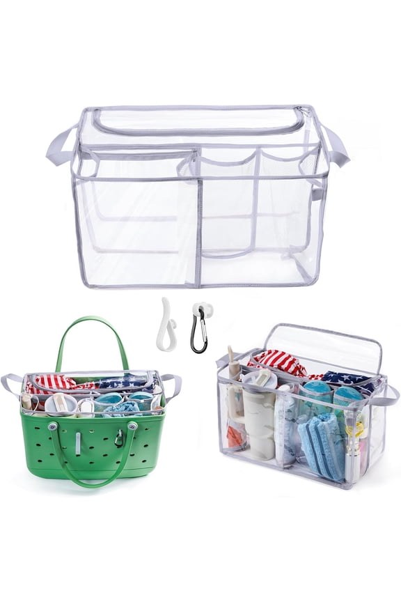 Clear Beach Bag Organizer Insert with Zipper Closure Lid and 3 count Accessories for XL - Tote Insert Bag Divider with Sunglasses Holder, Clips Hooks