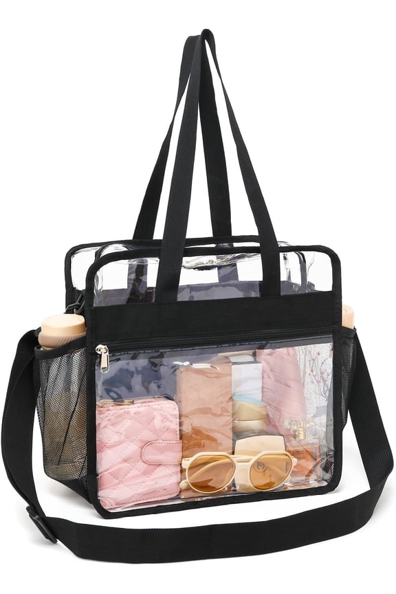 Clear Beach Bag for Women, Large Clear Tote Bag for Stadium Events - Zipper Closure, Waterproof, Sandproof(Black)