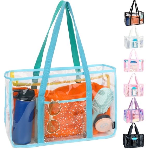 Large Clear Beach Bag , Plastic Beach Tote for Women & Girls,Pool Tote Bag With Zipper Closure, Waterproof, Sandproof,Cruise Vacation Essentials,Blue