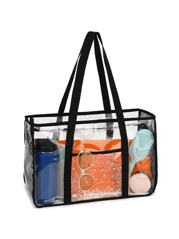 Large Clear Tote Bag , Plastic Beach Bag for Women ,Pool Tote Bag With Zipper Closure, Waterproof, Sandproof,Cruise Vacation Essentials,Black