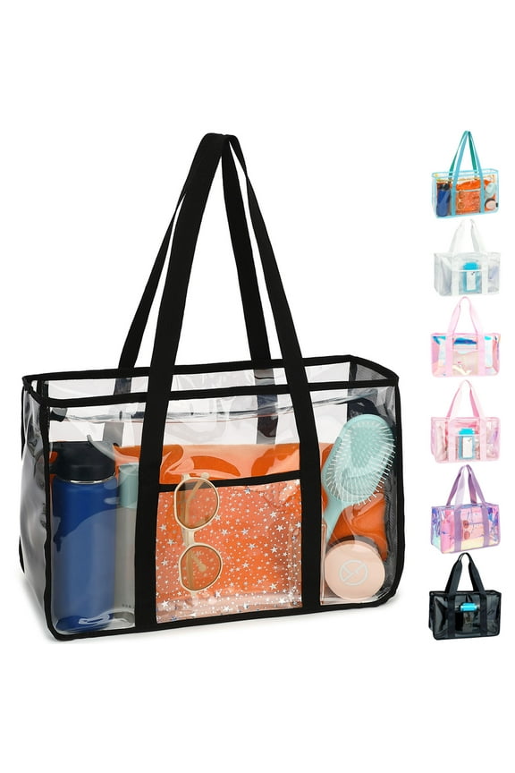 Large Clear Beach Tote , Clear Beach Bag for Women, Large Pool Tote Bag With Zipper Closure, Waterproof, Sandproof, Black