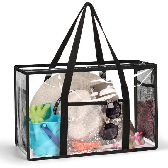 Clear Beach Tote Bag - Waterproof PVC Stadium Approved - Extra Large Transparent Bag for Pool, Concert