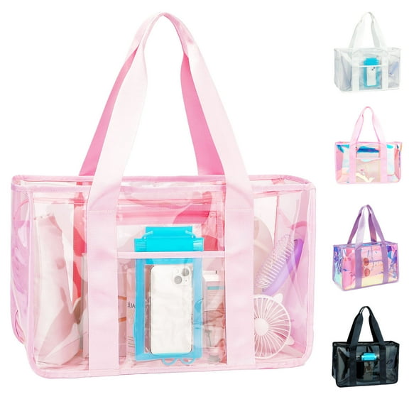 Clear Beach Tote Bag for Women, Large Pool Tote Cruise Vacation Essentials,Jelly Pink