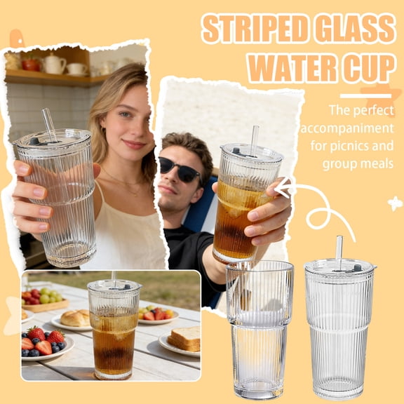 Clear Beige Vertical Striped Glass Water Cup - Clear Glass Material, Featuring Vertical Striped Pattern, Beige Color - For Daily Hydration, Home Kitchen Office Use, Travel Outdoor