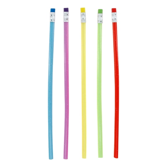 Clear Bendable Soft Rubber Pencils, 5 Pack, Flexible and Unbreakable, with Erasers, Colorful Fun Design for Classroom or Party