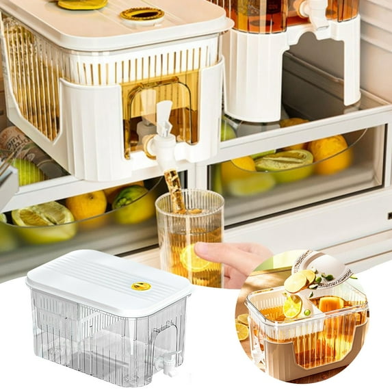 Clear Beverage Dispenser for Fridge Small Iced Water Jug Holder with Filter Spout Spigot Refrigerator Drinks Container for Parties Juice Pitcher, Trumpet