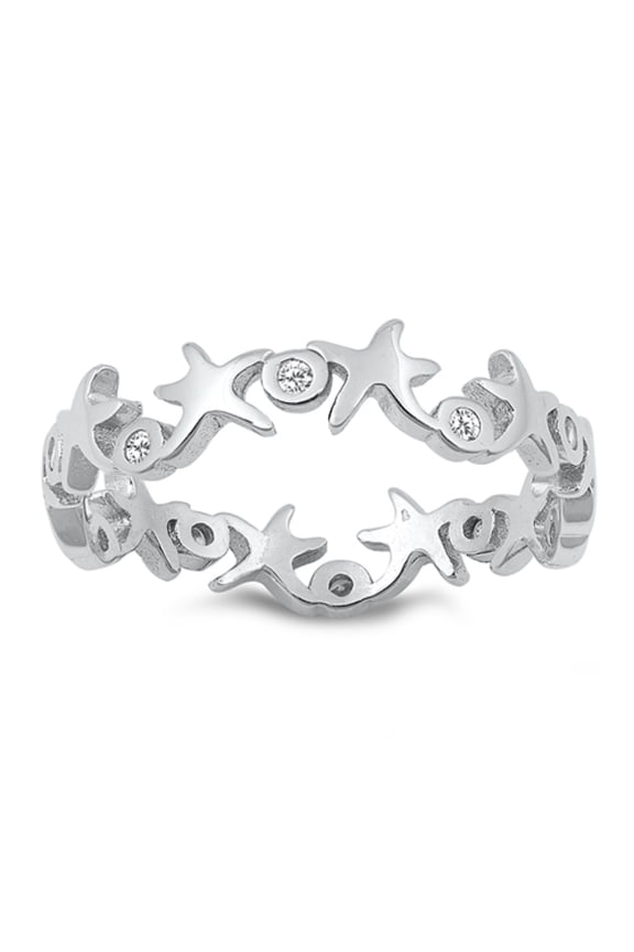 Clear Bezel Set Cubic Zirconia Alternating Stars Ring Sterling Silver Size 4