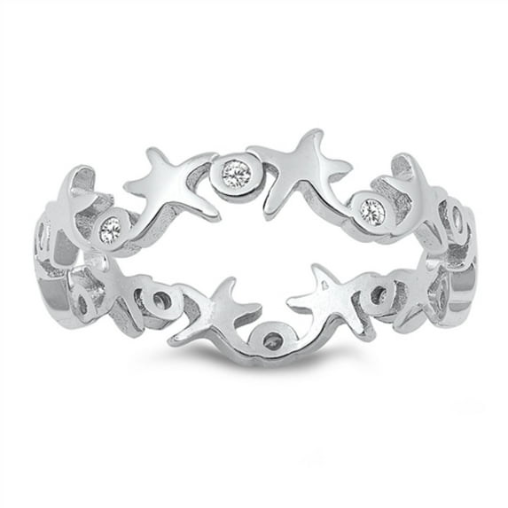 Clear Bezel Set Cubic Zirconia Alternating Stars Ring Sterling Silver Size 6