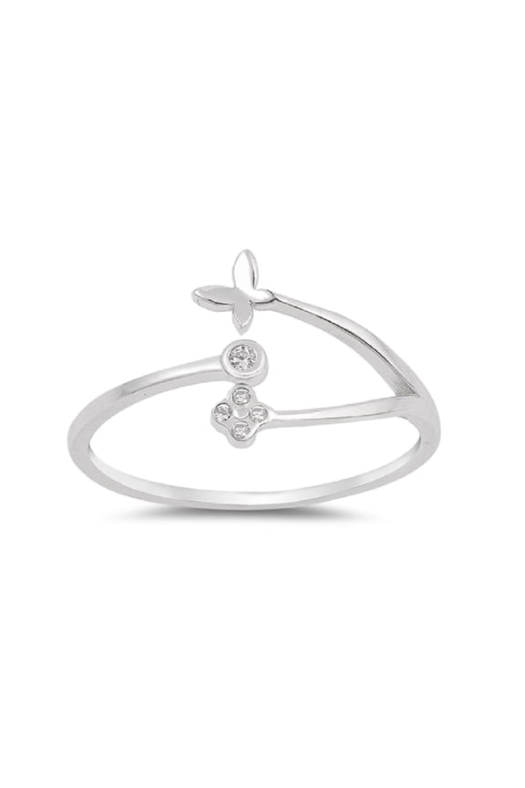 Clear Bezel Set Cubic Zirconia Butterfly Flower Design Ring Sterling Silver