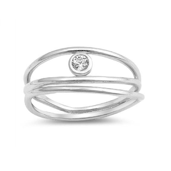 Clear Bezel Set Cubic Zirconia Crooked Lines Band Ring Sterling Silver