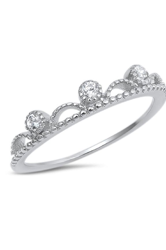 Clear Bezel Set Cubic Zirconia Decorative Beaded Ring Sterling Silver