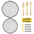 thumbnail image 1 of Clear / Black Contemporary Wedding Plastic Plates Party Bundle w/ Gold Plastic Cutlery 120 Pack, 1 of 7