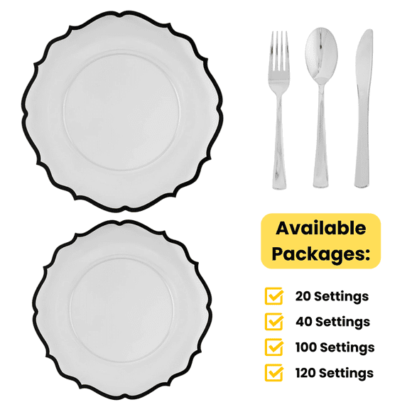 Clear / Black Contemporary Wedding Plastic Plates Party Bundle w/ Silver Plastic Cutlery 40 Pack