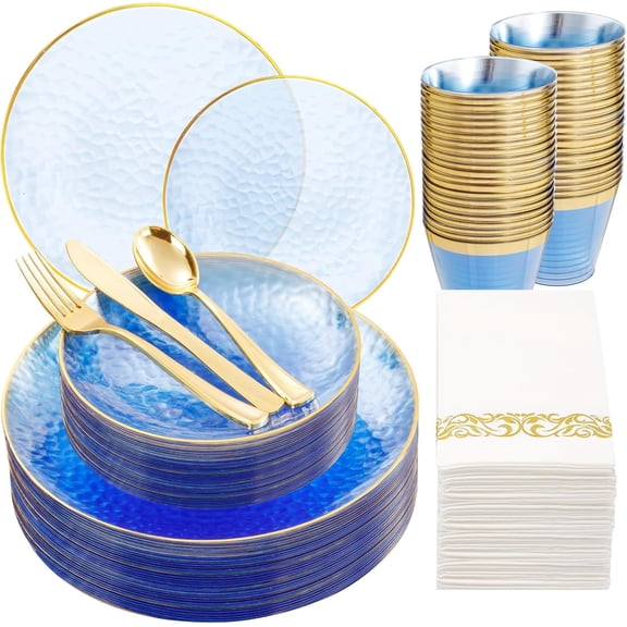 Clear Blue Hammered Plastic Dinnerware Set for 25 Guests 175 Pcs