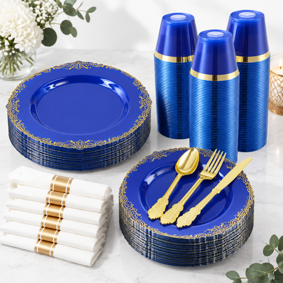 Clear Blue Plastic Dinnerware Set For 50 Guests, 350 Piece Party Supply Set