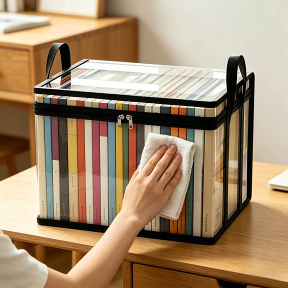 Clear Book Storage Box, Transparent Organizer for Home Textile Shelves, Stackable Display Case for Magazines & Documents, Foldable Dustproof Container for Classroom & Office, 12.6x9.45x9.84 Inch