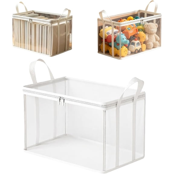 Clear Book Storage Box with Lids Collapsible Vinyl Zipper for Books Blu Rays OfficeWhite, S