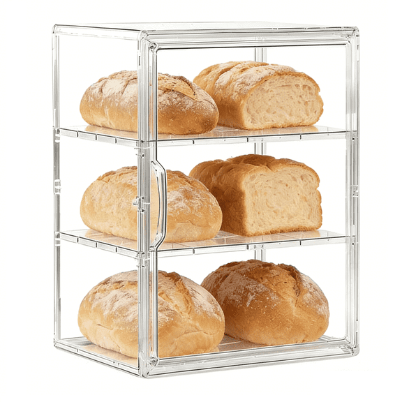 Clear Bread Storage & Pastry Display Box, 3 Adjustable Tiers with Magnetic Door, Countertop Organizer for Bakery, Kitchen, Home or Shop