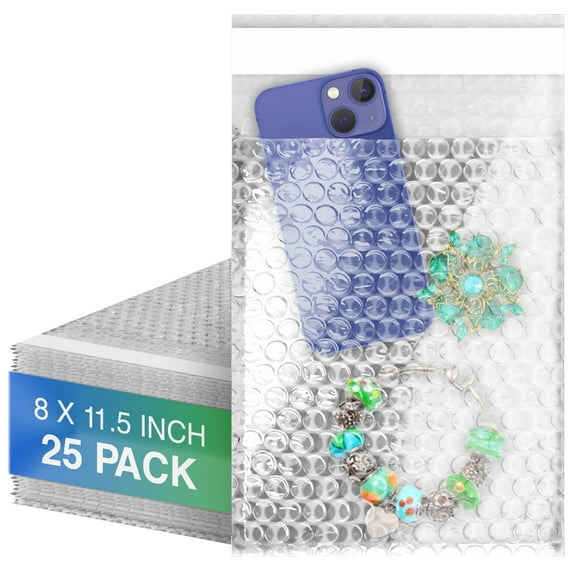 Clear Shipping Bubble Bags, Self Seal Padded Pouches, 25 Count, 8 x 11.5 in