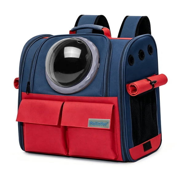 Clear Bubble Dome Pet Carrier Backpack with 2 Front Storage Pockets and Side Access Window, Blue and Red