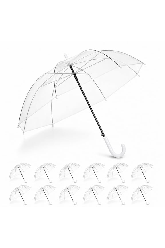 Clear Bubble Umbrellas Bulk (Pack of 6 / 12) – Large Transparent Windproof Stick Umbrella with White J-Handle – Heavy Duty Auto Open Dome Rain Umbrella for Wedding, Party, Graduation & Events