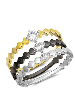 Clear CZ Black Yellow Journey Zig Zag Ring Set Sterling Silver Band White 925 Female Size 6