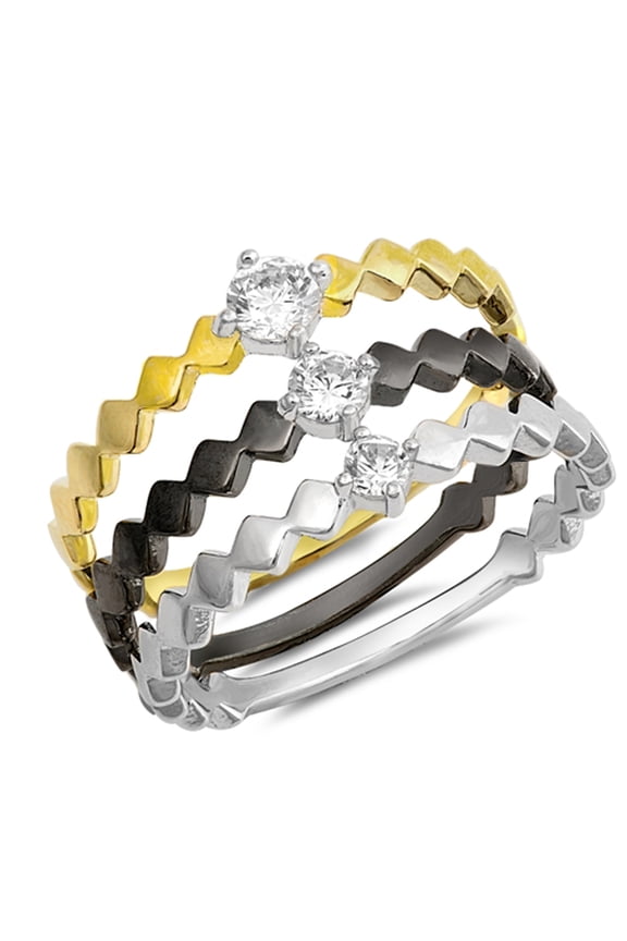 Clear CZ Black Yellow Journey Zig Zag Ring Set Sterling Silver Band White 925 Female Size 9