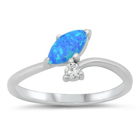 Clear CZ Blue Simulated Opal Marquise Ring .925 Sterling Silver Band White Female Size 10
