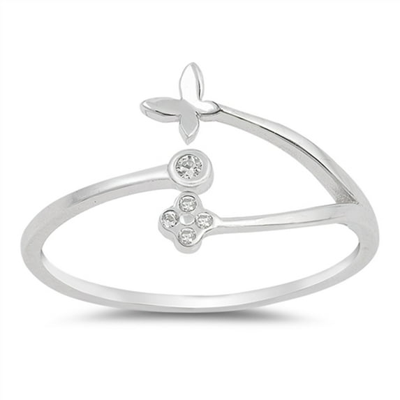 Clear CZ Butterfly Flower Open Ring .925 Sterling Silver Band White Jewelry Female Size 5