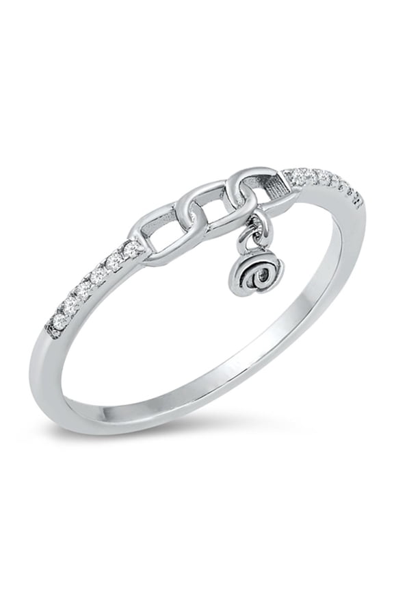 Clear CZ Chain Dangling Rose Buckle Ring .925 Sterling Silver Band White Jewelry Female Size 8