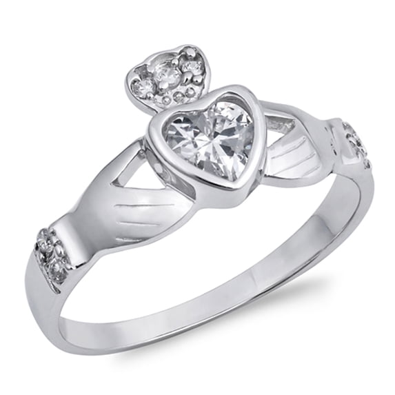 Clear CZ Claddagh Bezel Heart Friendship Ring Sterling Silver Band White 925 Female Size 4