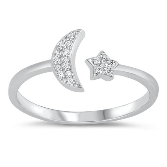 Clear CZ Crescent Moon Star Studded Ring .925 Sterling Silver Band White Jewelry Female Size 7