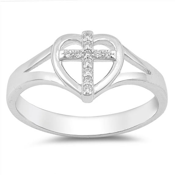 Clear CZ Cross Heart Christian Love Ring .925 Sterling Silver Band White Jewelry Female Size 10