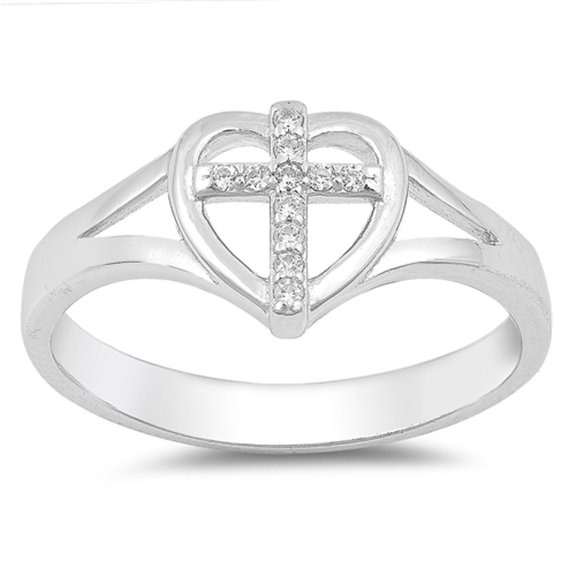 Clear CZ Cross Heart Christian Love Ring .925 Sterling Silver Band White Jewelry Female Size 4