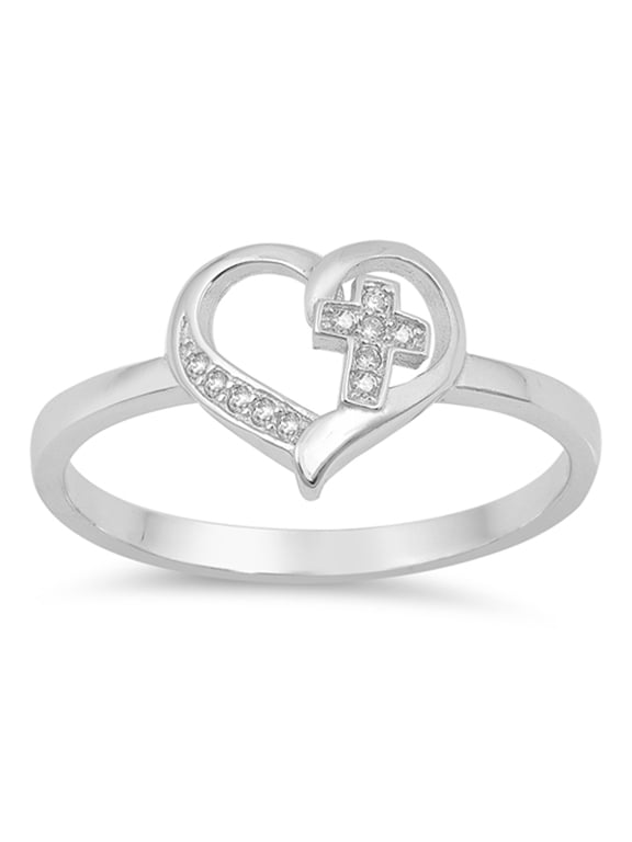 Clear CZ Cross Heart Love Promise Christian Ring Sterling Silver Band White 925 Female Size 6