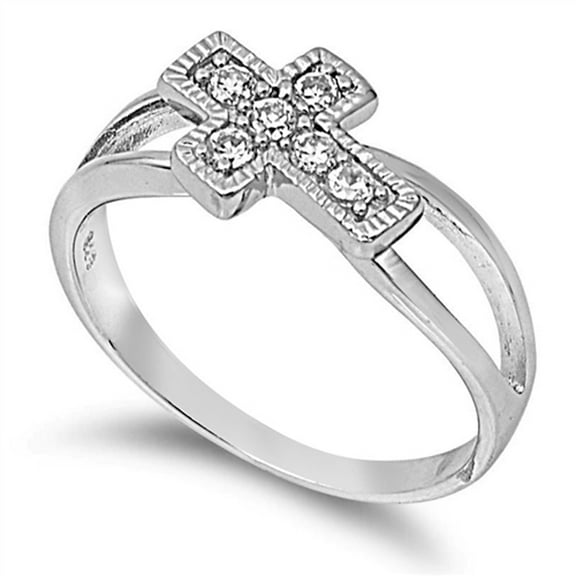 Clear CZ Cross Sideways Religious Ring Sterling Silver Band White 925 Jewelry Female Size 8
