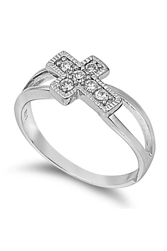Clear CZ Cross Sideways Religious Ring Sterling Silver Band White 925 Jewelry Female Size 8