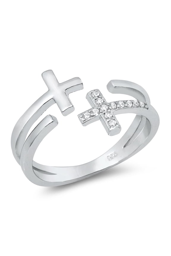 Clear CZ Double Crosses Split Band Ring Sterling Silver Size 10