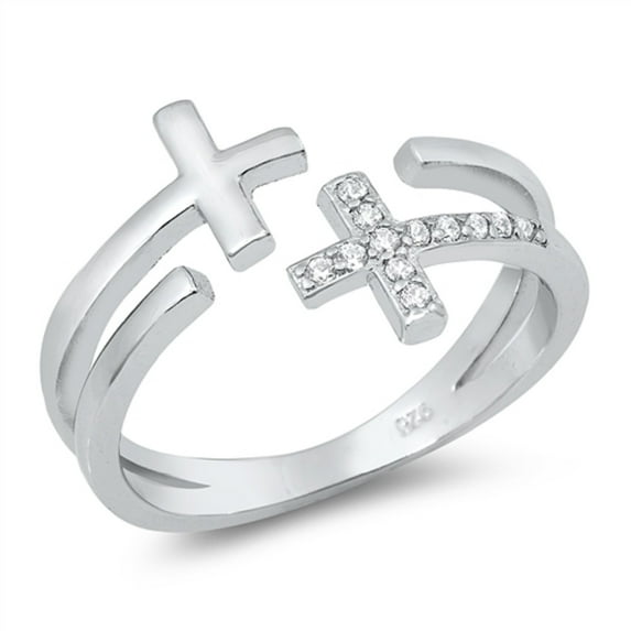 Clear CZ Double Crosses Split Band Ring Sterling Silver Size 5