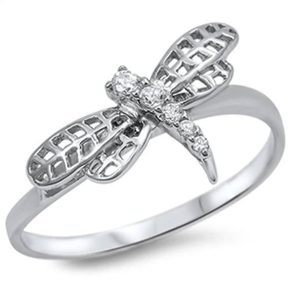 Clear CZ Dragonfly Animal Cutout Ring .925 Sterling Silver Band White Jewelry Female Size 9
