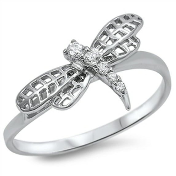 Clear CZ Dragonfly Animal Cutout Ring .925 Sterling Silver Band White Jewelry Female Size 9