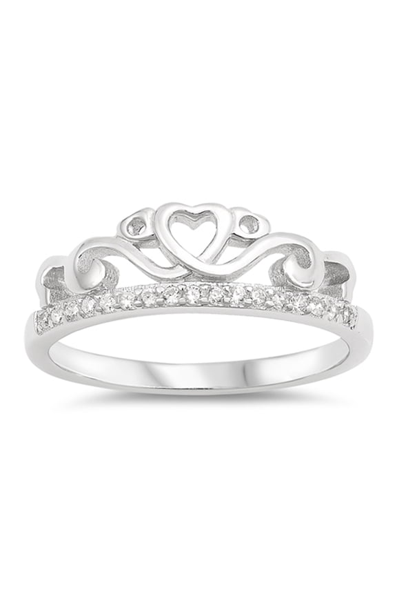 Clear CZ Filigree Wave Heart Tiara Princess Ring Sterling Silver Band White 925 Female Size 4