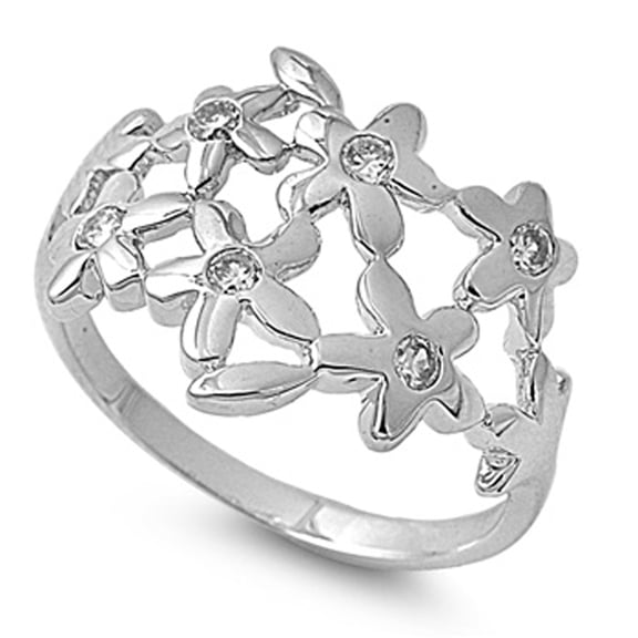 Clear CZ Flower Leaf Garden Cute Ring ( Sizes 5 6 7 8 9 ) New .925 Sterling Silver Band Rings (Size 5)