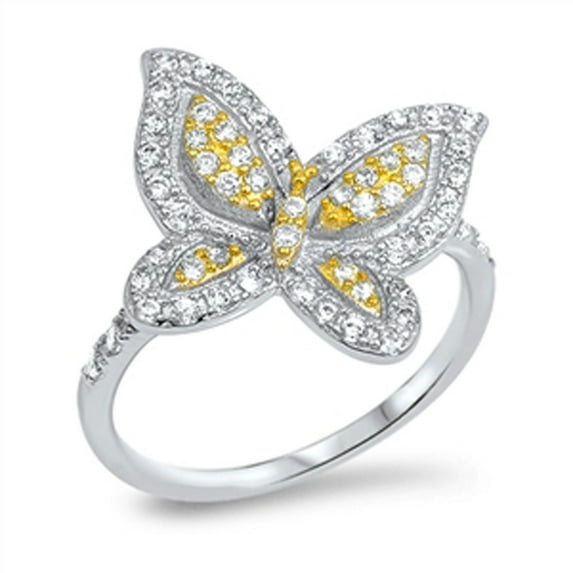 Clear CZ Gold-Tone Butterfly Micro Pave Ring 925 Sterling Silver Band White Female Size 7